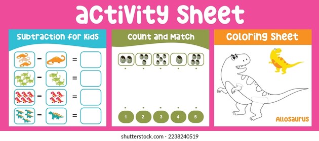 Bundle activity kit for kids with dinosaurs theme. The cute prehistoric animal. Count and match page. Subtraction for kids. Coloring sheet. Ready to print. Kawaii vector illustration file.