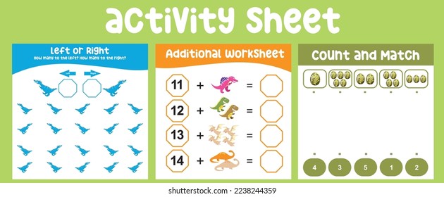 Bundle activity kit for toddlers with Dinosaurs theme. The cute cartoon of the prehistoric animal Count and math page. Subtractions page. Left or Right game. Kawaii vector illustration file.