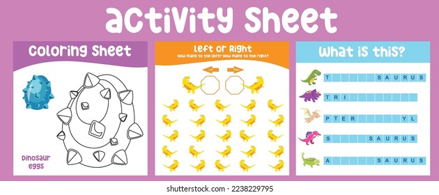 bundle activity kit for toddlers with prehistoric animal the Dinosaurs. Coloring sheet, counting left or right and writing practice worksheet. Ready to print. Kawaii dino vector illustration file. 