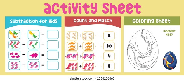 Bundle activity kit for toddlers with prehistoric animal theme. Dinosaurs the extinct animal. Count and match sheet. Subtraction for kids. Coloring page. Ready to print. Vector illustration.