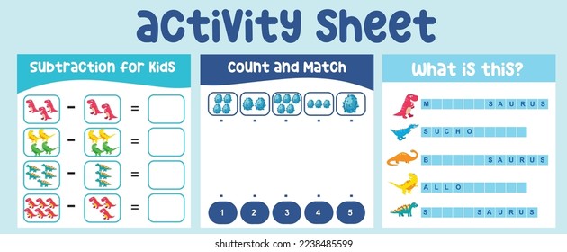 Bundle activity kit for toddlers with the prehistoric animal the Dinosaur. Count and match sheet. Subtraction for kids. Writing dinosaurs name. Ready to print. Kawaii vector illustration.