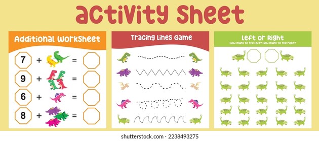 Bundle activity kit for toddlers with the prehistoric animal cute cartoon Dinosaur. Coloring sheet, tracing lines and counting how many worksheets. Ready to print file. Kawaii vector illustration.