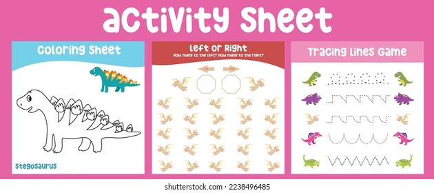 Bundle activity kit for toddlers with the prehistoric animal cute cartoon Dinosaur. Coloring page, counting how many left and right and tracing activities. Ready to print. Kawaii vector illustration.