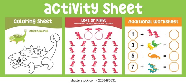 Bundle activity kit for toddlers with the prehistoric animal cute cartoon Dinosaur. Coloring page, how many to the left and to the right. counting worksheets. Ready to print. Vector illustration.