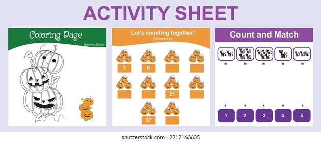 Bundle activity worksheet for toddlers with Halloween theme. Activity sheet for children. Educational printable worksheet. Halloween worksheet theme. Vector illustrations. Ready to print file