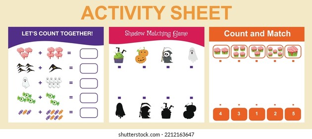 Hoja de trabajo de actividad de paquete para niños pequeños con tema de Halloween. Hoja de actividades para niños. Hoja de cálculo imprimible educativa. Tema de la hoja de cálculo de Halloween. Ilustraciones vectoriales. Listo para imprimir archivo