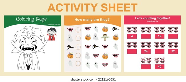 Bundle activity worksheet for toddlers with Halloween theme. Activity sheet for children. Educational printable worksheet. Halloween worksheet theme. Vector illustrations. Ready to print file