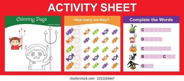 Bundle activity worksheet for toddlers with Halloween theme. Activity sheet for children. Educational printable worksheet. Halloween worksheet theme. Vector illustrations. Ready to print file