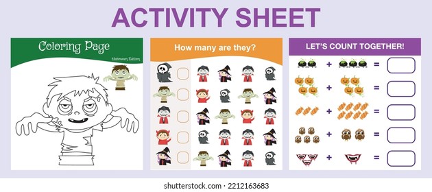 Bundle activity worksheet for toddlers with Halloween theme. Activity sheet for children. Educational printable worksheet. Halloween worksheet theme. Vector illustrations. Ready to print file