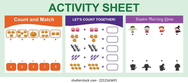 Bundle activity worksheet for toddlers with Halloween theme. Activity sheet for children. Educational printable worksheet. Halloween worksheet theme. Vector illustrations. Ready to print file