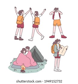 bundle with activity of young couple teenage backpack to camping, take a photo, checking map and sitting in blanket together at front of tent and bonfire, cartoon charactor flat vector illustration