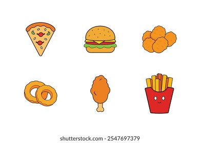 Paquete de adorables Ilustraciones de comida rápida de estilo de dibujos animados para niños