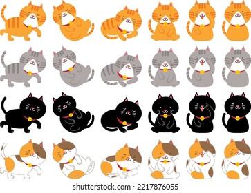 Bundle of adorable cats sleeping, stretching itself, playing. Set animals isolated on white background. Flat cartoon vector illustration.