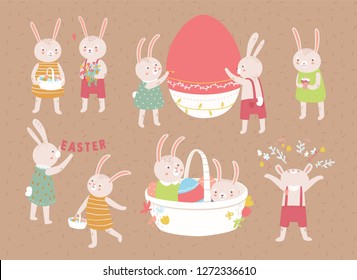 Bundle of adorable Easter rabbits or bunnies isolated on white background. Set of cute animals celebrating spring religious holiday, decorating giant egg, carrying flowers. Flat vector illustration.