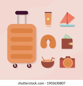 bundle of adventure icons on a pink background vector illustration design