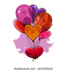 Bundle of air balloons with pigeon doves print isolated vector sketch. Postcard on February 14, gift present on romantic party, t-shirt print heart pillow. St. Valentine's day holiday greeting card