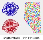 Bundle Alberta Province map and blue Assembled stamp, and Tournament Party distress stamp. Colorful vector Alberta Province map mosaic of bundle bricks. Red round Tournament Party seal.