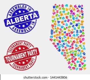 Bundle Alberta Province map and blue Assembled stamp, and Tournament Party distress stamp. Colorful vector Alberta Province map mosaic of bundle bricks. Red round Tournament Party seal.