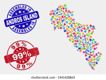 Bundle Andros Island of Greece map and blue Assembled stamp, and 99% distress seal stamp. Colored vector Andros Island of Greece map mosaic of bundle elements. Red rounded 99% seal.