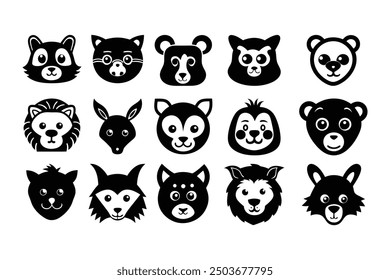 Bundle of animal face icons and silhouettes vector art on a white background.