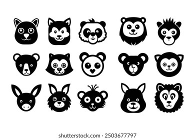 Bundle of animal face icons and silhouettes vector art on a white background.