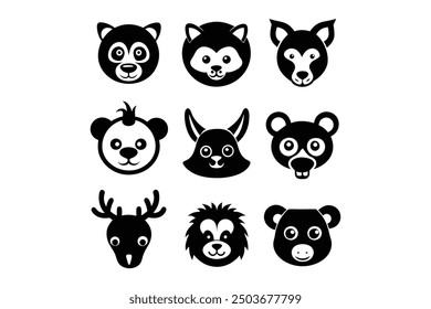 Bundle of animal face icons and silhouettes vector art on a white background.