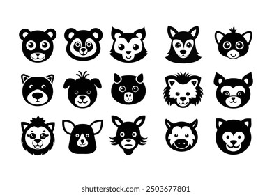 Bundle of animal face icons and silhouettes vector art on a white background.