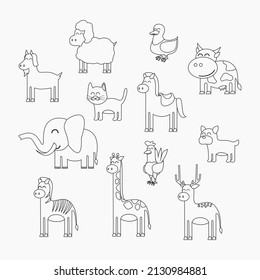 Bundle of animal vector image. Cute animal line illustration. Mammal and bird pictures. Images for coloring book. Collection of wild, tame, forest animal in flat cartoon. Funny animal design for kids.