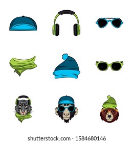 bundle of animals heads and accessories young style vector illustration design