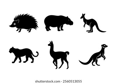 Bundle of animals hedgehog, hippopotamus, kangaroo, leopard, llama, meerkat