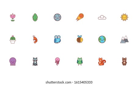 bundle of animals and nature kawaii icons vector illustration design