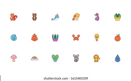 bundle of animals and nature kawaii icons vector illustration design