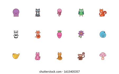 bundle of animals and nature kawaii icons vector illustration design