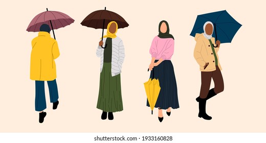 Bundle of Arabian Hijab Woman Walking with Umbrella in Flat Illustration Style. Female Muslim Various Poses During Rainy Days Hand Drawn Concept.