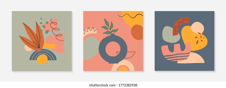 Paket von Kunst, moderne Vektorgrafik mit Vase, Blättern, organischen Formen und grafischen Elementen.Modernes, zeitgenössisches Design perfekt für Drucke;Banner-Vorlagen;Social Media,Einladungen;Branding,Cover