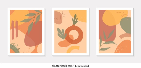 Bundle of art modern vector illustrations with vase,leaves,organic shapes and elements.Terracotta art prints.Trendy contemporary design perfect for  banners templates;social media,invitations;covers