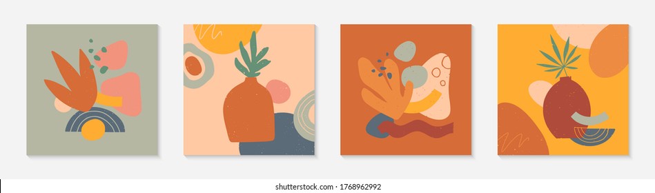 Bundle of art modern vector illustrations with vases,leaves,organic shapes and elements.Terracotta art prints.Trendy contemporary design perfect for  banners templates;social media,invitations;covers.