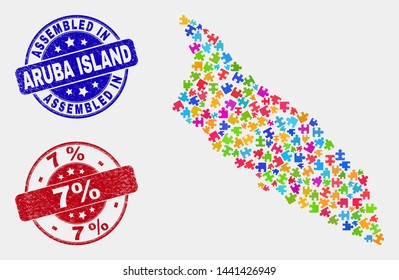 Bundle Aruba Island map and blue Assembled seal stamp, and 7% grunge seal. Colored vector Aruba Island map mosaic of plugin parts. Red round 7% seal.