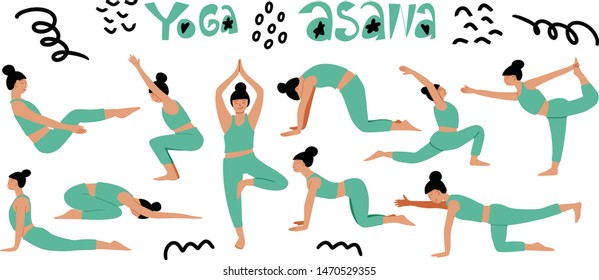 Bundle of asian female cartoon characters demonstrating various yoga positions isolated on white background hand drawn vector illustration in trending doodle style. Yoga postures and asanas