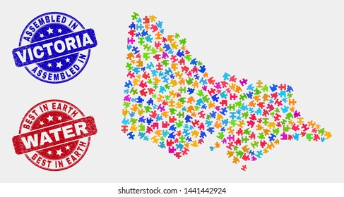 Bundle Australian Victoria map and blue Assembled stamp, and Best in Earth Water grunge stamp. Colorful vector Australian Victoria map mosaic of plug-in items. Red rounded Best in Earth Water stamp.
