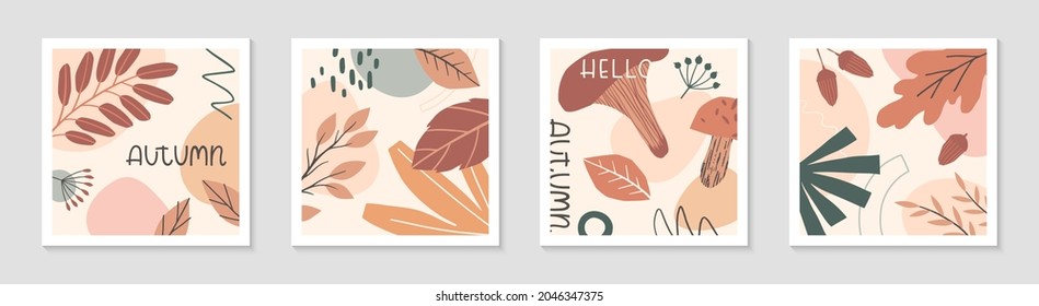 Paket abstrakter Herbstausdrucke mit organischen Formen, Blätter, Pilze, Schriften - Hallo Herbst.Modernes saisonales Design.Universal künstlerische Banner.Trendy Herbst Vektorgrafiken.