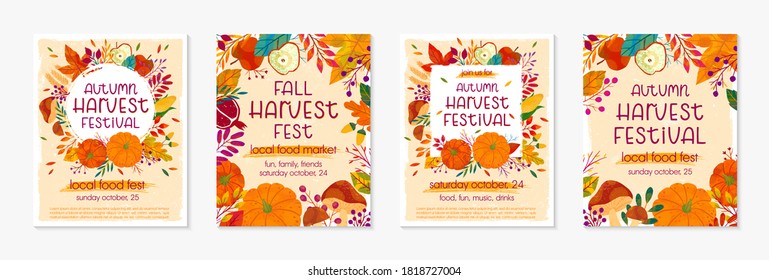 Bundle of autumn farmers market banners with pumpkins,mushrooms,eggplant,apple,zucchini,tomatoes,corn,beet,berries and floral elements.Local food fest design.Agricultural fair.Harvest season.