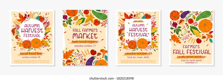 Bundle of autumn farmers market banners with pumpkins,mushrooms,eggplant,apple,zucchini,tomatoes,corn,beet,berries and floral elements.Local food fest design.Agricultural fair.Harvest season.
