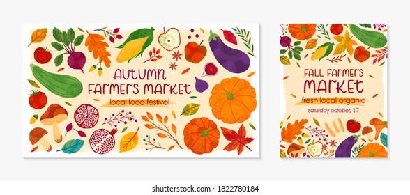 Bundle of autumn farmers market banners with pumpkins,mushrooms,eggplant,apple,zucchini,tomatoes,corn,beet,berries and floral elements.Local food fest design.Agricultural fair.Harvest season.