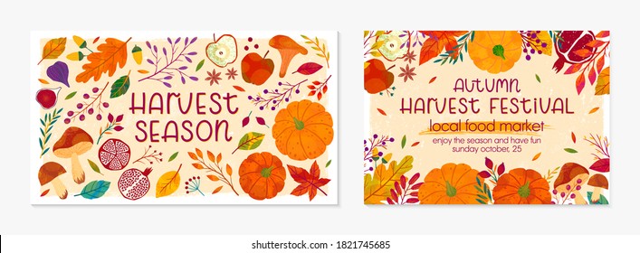 Bundle of autumn harvest fest banners with pumpkins,mushrooms,eggplant,apple,zucchini,tomatoes,corn,beet,berries and floral elements.Local food fest design.Agricultural fair.Harvest season.