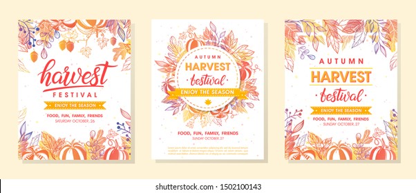 Bundle of autumn harvest festival banners with harvest symbols, leaves and floral element.Harvest fest design perfect for prints,flyers,banners,invitations and more.Vector autumn illustration.