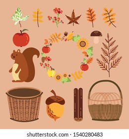 bundle of autumn season chipmunk and icons vector illustration design