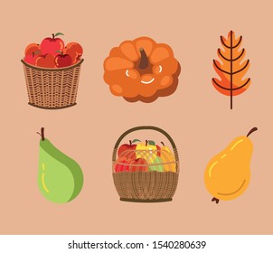 bundle of autumn season fruits and basket vector illustration design