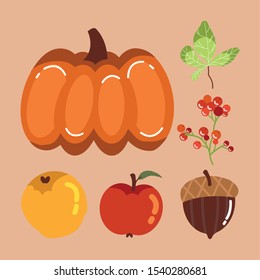 bundle of autumn season fruits and leafs vector illustration design