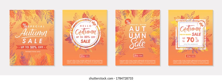 Bundle of autumn special offer banners with autumn leaves and floral elements in fall colors.Sale templates perfect for prints,flyers,banners, promotions.Business concept.Vector autumn promos.